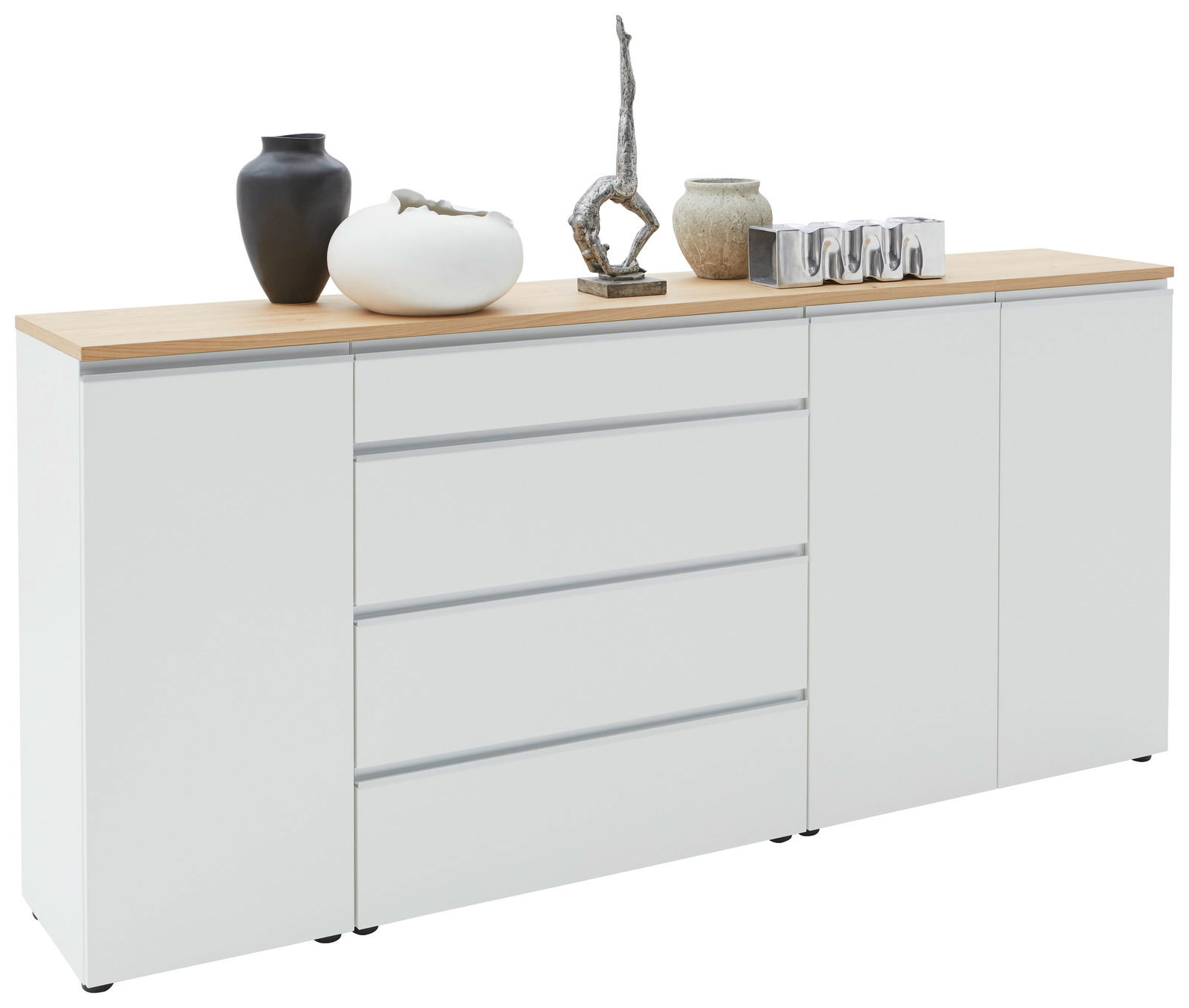 Weißes XL-Sideboard 225 mit Holzplatte, vier Schubladen und zwei Türen, dekoriert mit Vasen und Skulpturen, seitliche Perspektive