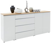 Weißes XL-Sideboard 225 mit Holzplatte, vier Schubladen und zwei Türen, dekoriert mit Vasen und Skulpturen, seitliche Perspektive