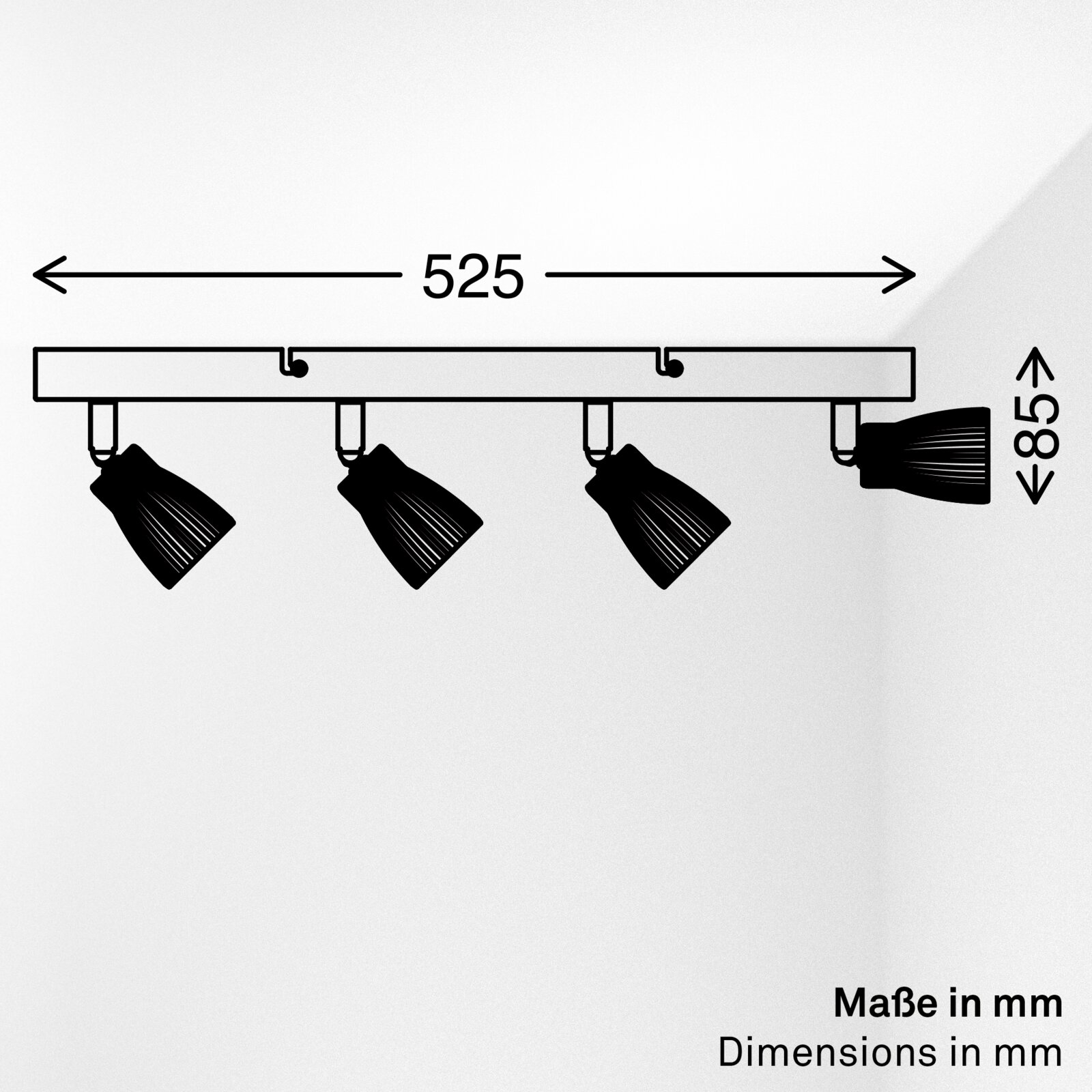 Bemaßte Seitenansicht einer 4-flammigen Decken-Spotleiste mit verstellbaren Strahlern, Länge 525 mm und Höhe 85 mm (Maße in mm).