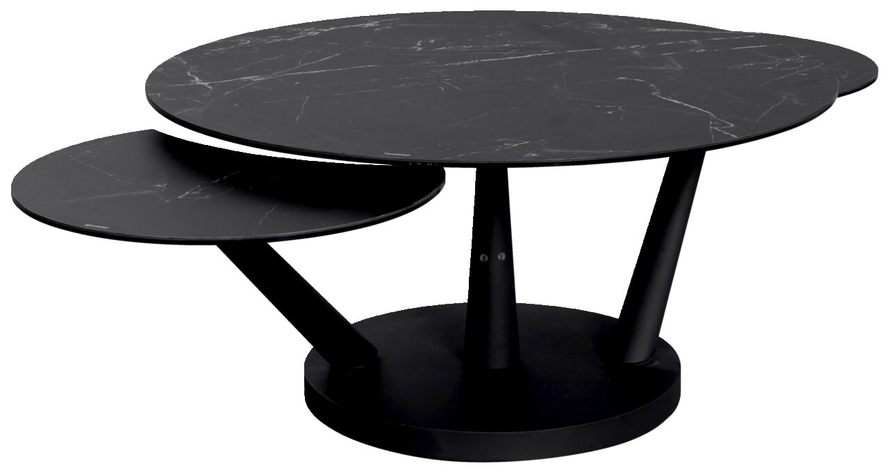 Moderner Couchtisch mit zwei runden, schwarzen Tischplatten in Marmoroptik, seitliche Perspektive