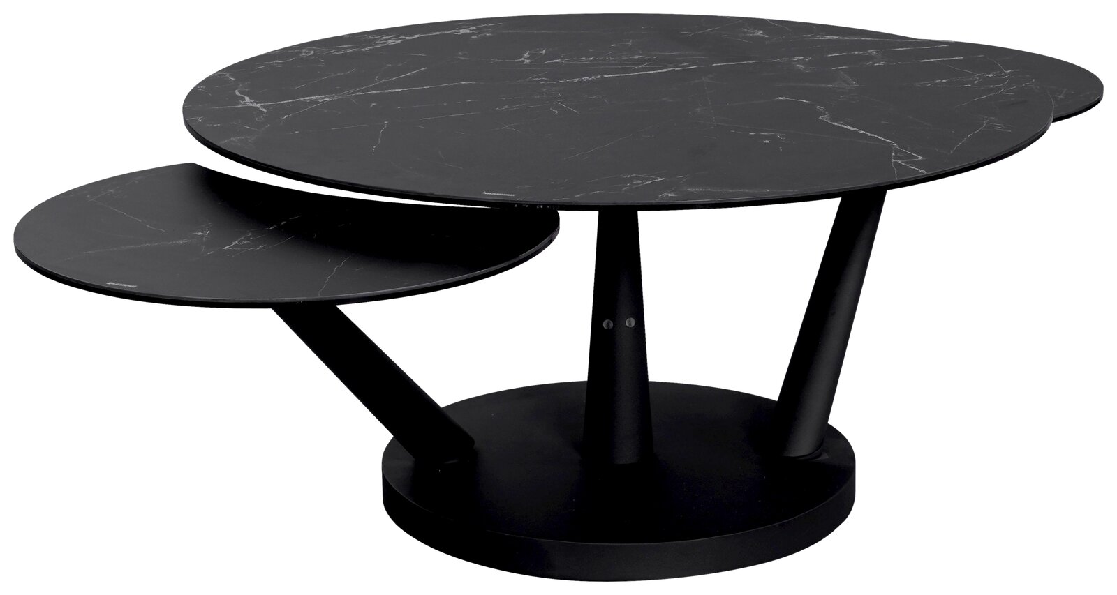 Moderner Couchtisch mit zwei runden, schwarzen Tischplatten in Marmoroptik, seitliche Perspektive