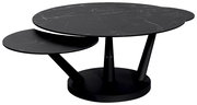 Moderner Couchtisch mit zwei runden, schwarzen Tischplatten in Marmoroptik, seitliche Perspektive