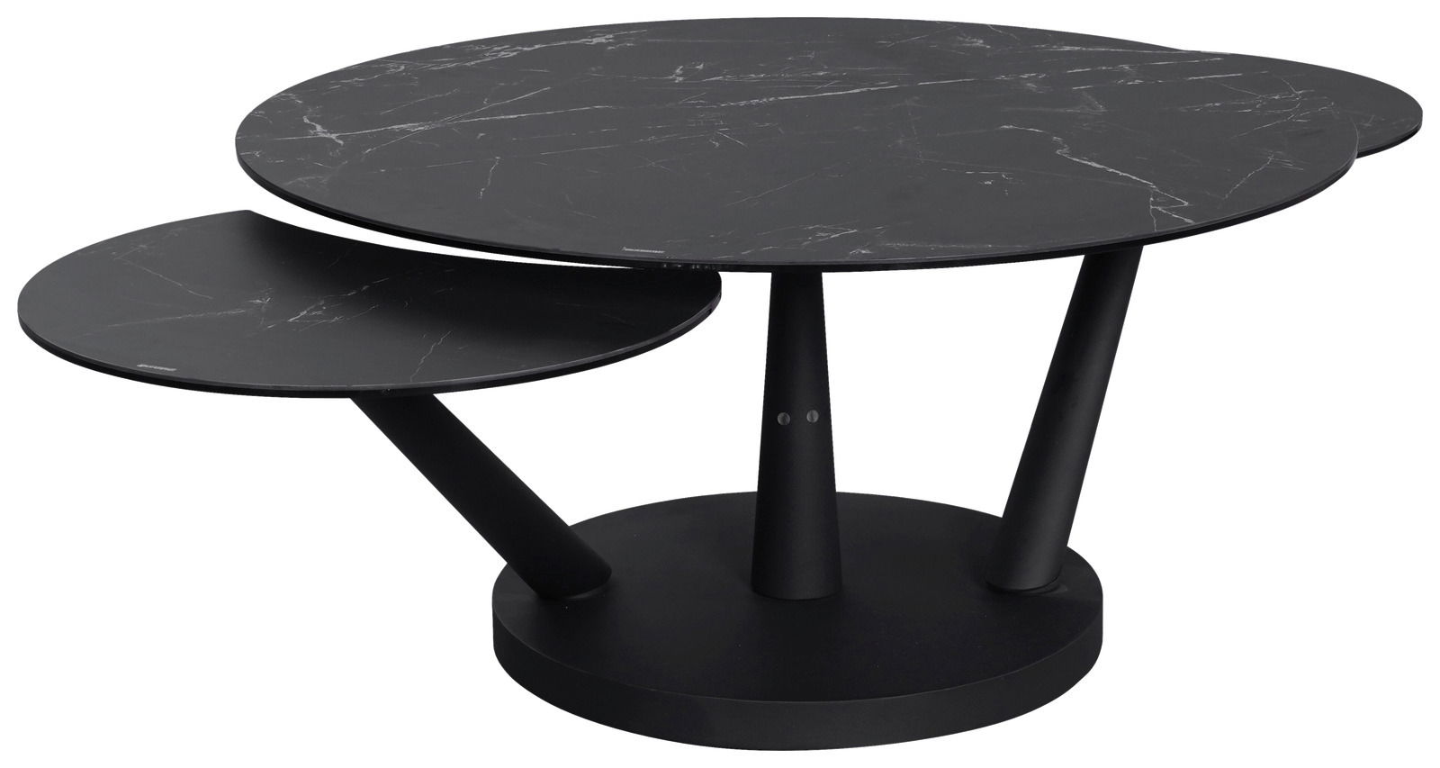 Moderner Couchtisch mit zwei runden, schwarzen Tischplatten in Marmoroptik, seitliche Perspektive