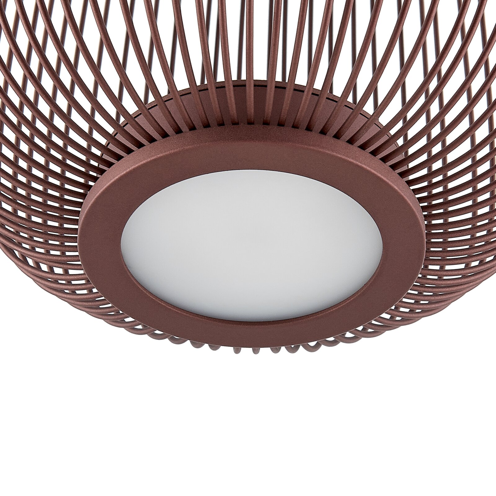 Runde Deckenleuchte in Kupferoptik mit drahtigem Korb-Design und weißem Diffusor, Ansicht von unten (Untersicht)