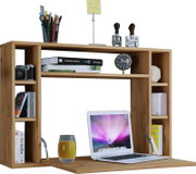 Holz-Schreibtischaufsatz mit Regal und Fächern, bestückt mit Büchern, Stiftehalter, Kamera und Uhr; Frontansicht in leichter Schrägperspektive