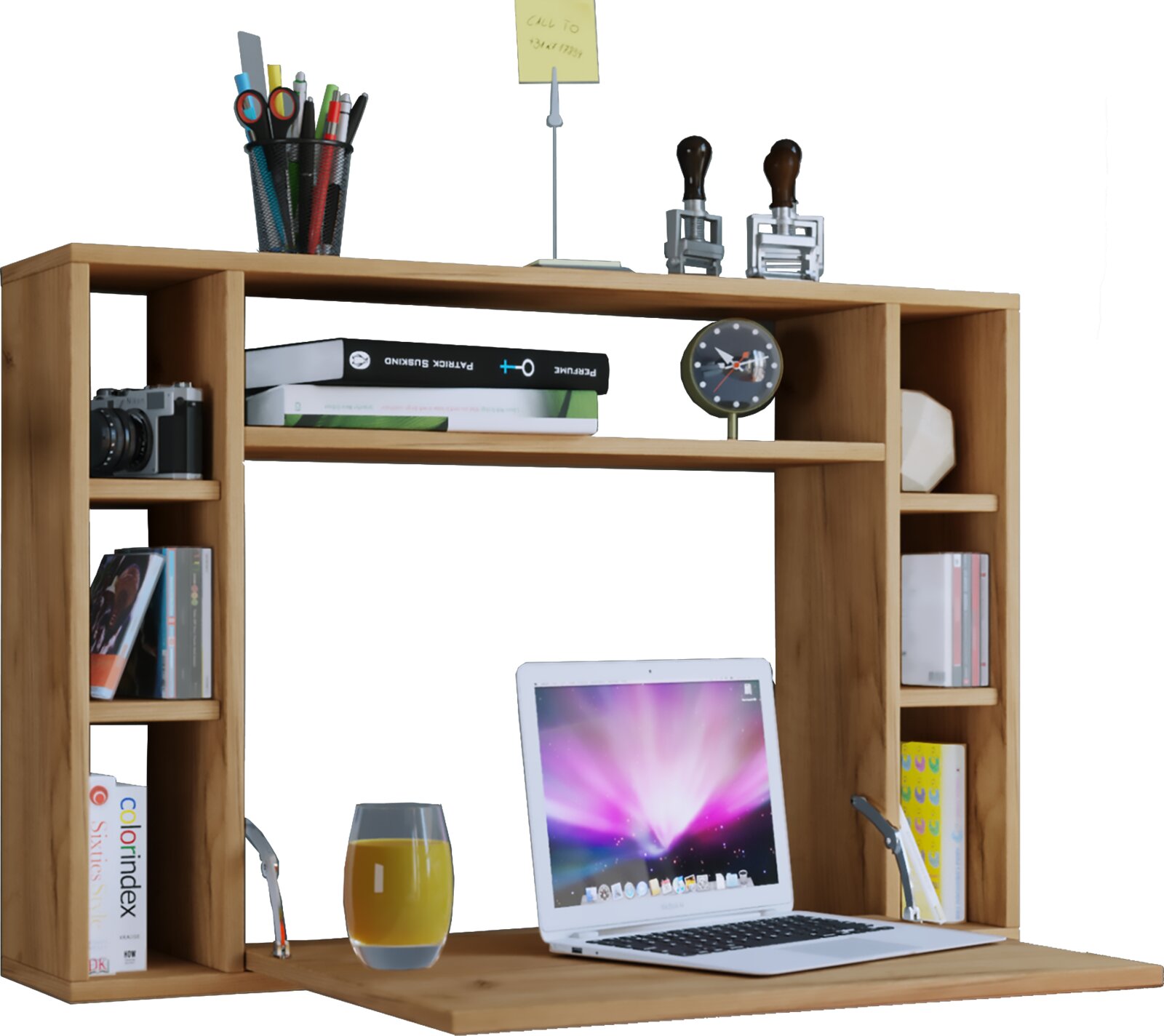 Holz-Schreibtischaufsatz mit Regal und Fächern, bestückt mit Büchern, Stiftehalter, Kamera und Uhr; Frontansicht in leichter Schrägperspektive