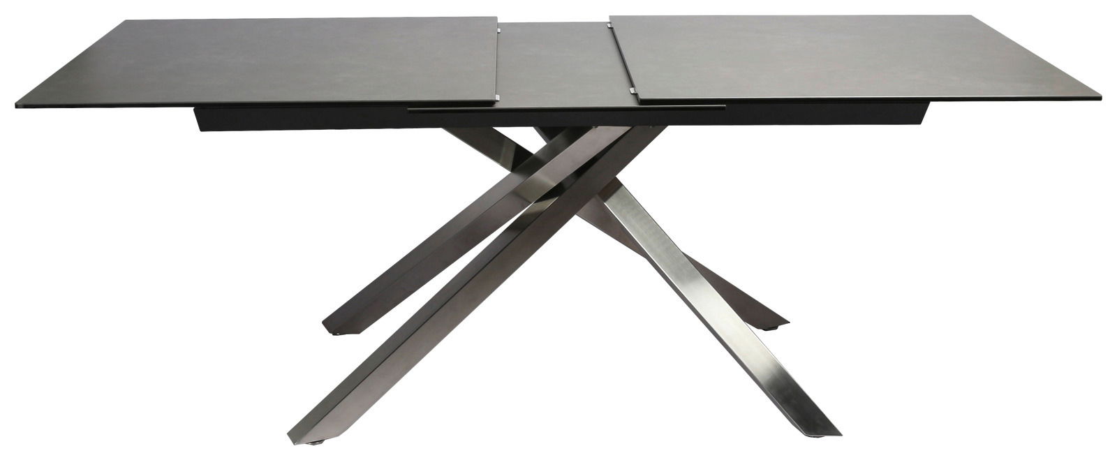 Moderner Esstisch mit schwarzer Tischplatte und gekreuzten Metallbeinen, seitliche Perspektive