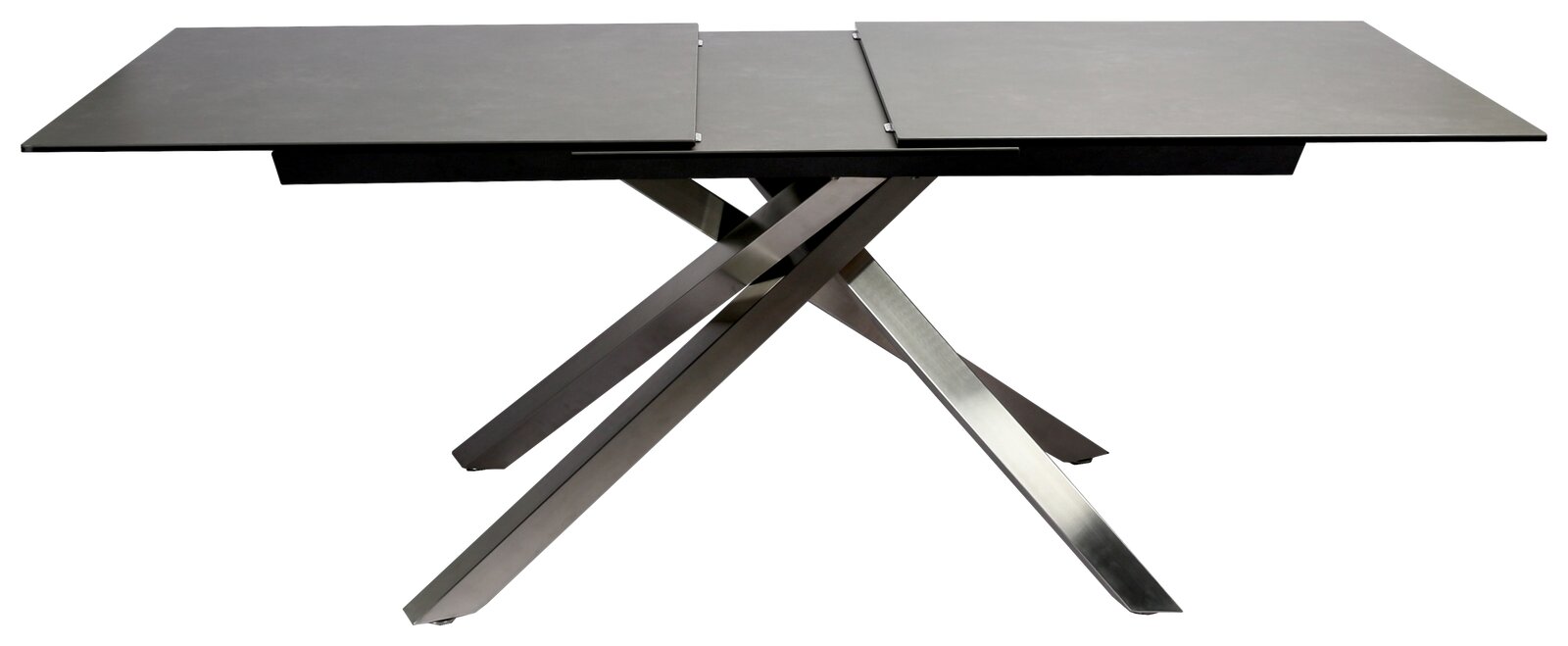 Moderner Esstisch mit schwarzer Tischplatte und gekreuzten Metallbeinen, seitliche Perspektive