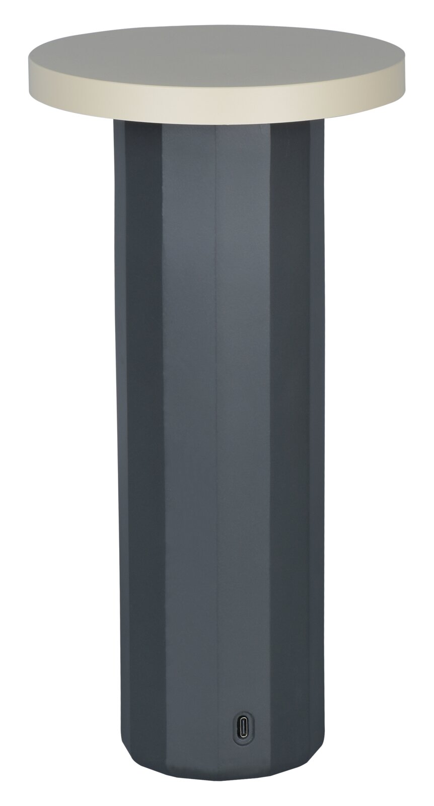 Moderne Akku-Tischleuchte mit zylindrischem Sockel und flachem, rundem Schirm, frontal abgebildet.