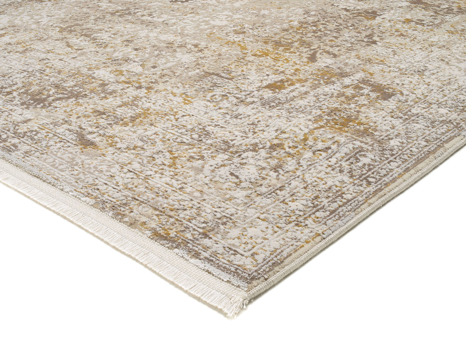 Designer Teppich in Beige- und Goldtönen, perspektivisch von der Seite fotografiert