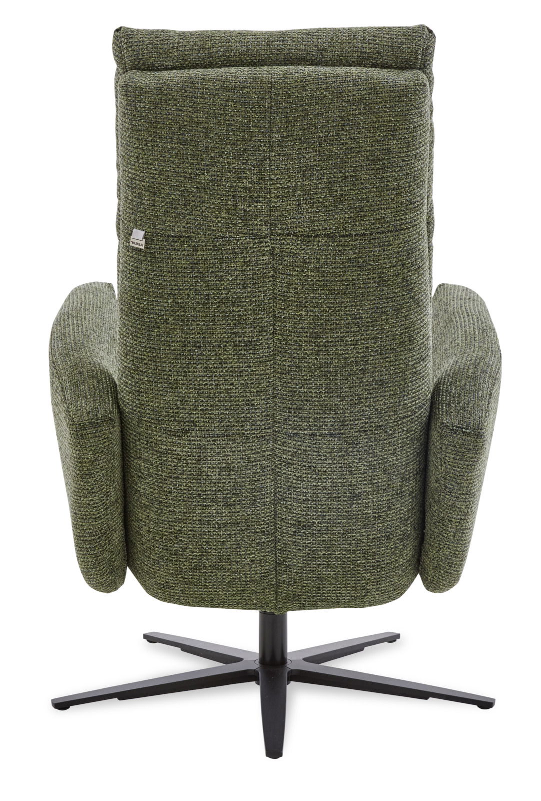 Rückansicht eines grünen Relax-Sessels mit schwarzem Drehfuß