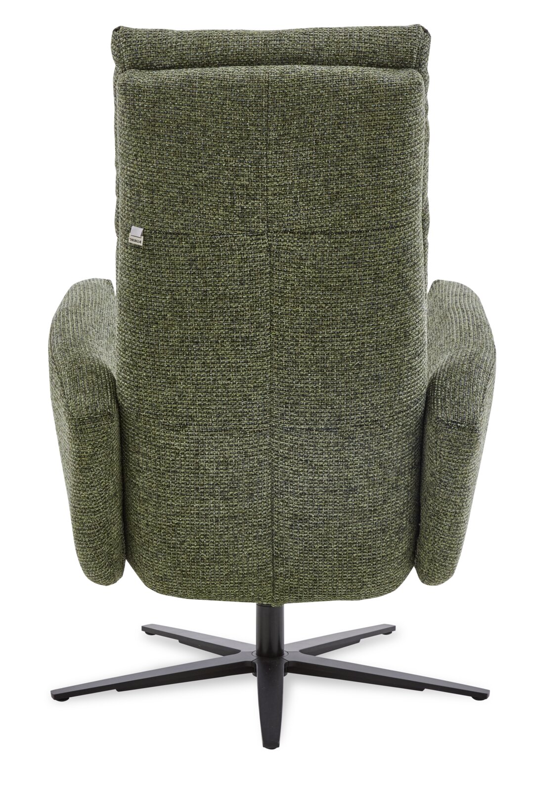 Achterkant van een groene relaxfauteuil met een zwart draaivoet