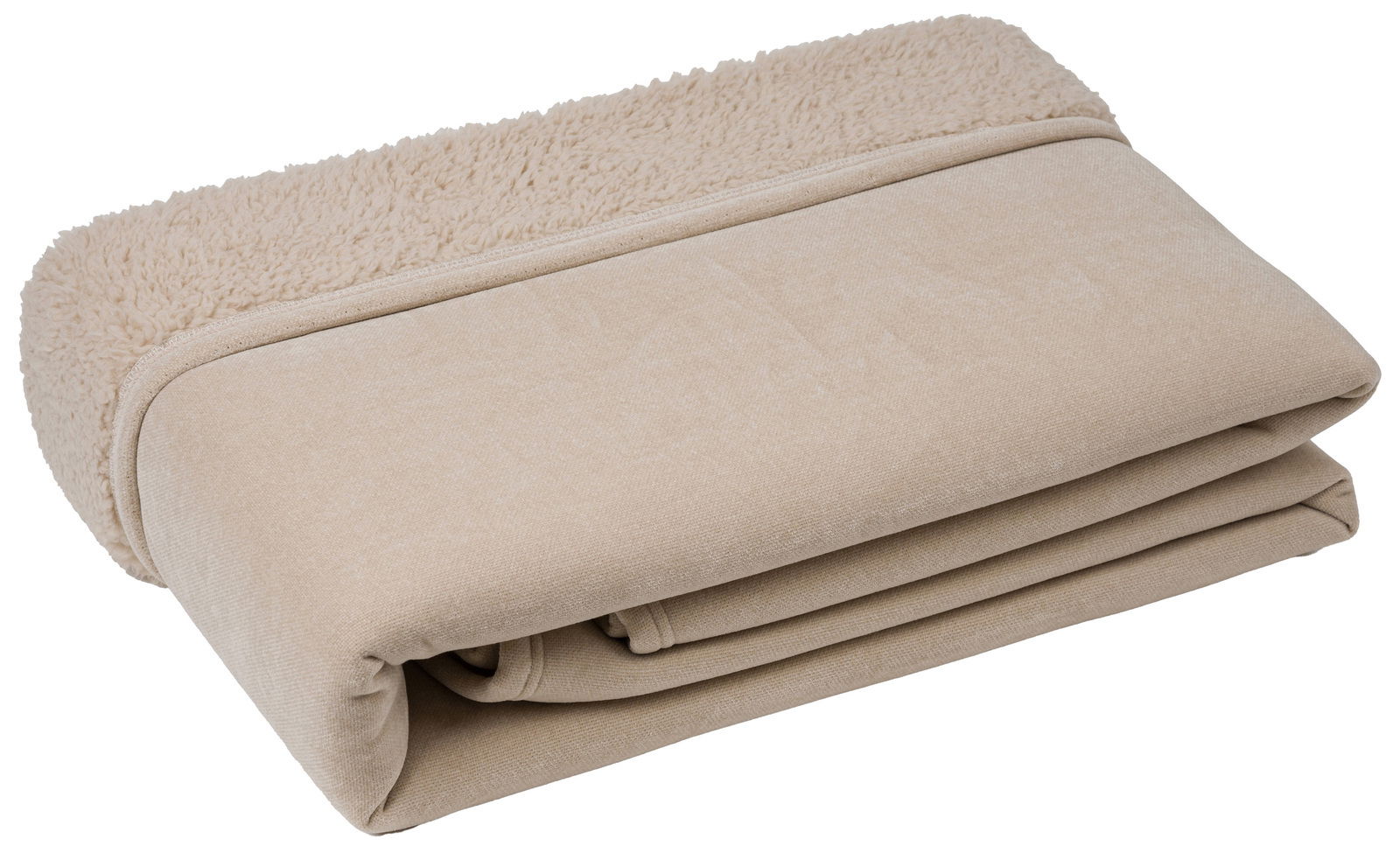 Beige gefaltete Chenille Wohndecke mit flauschiger Innenseite, seitliche Perspektive