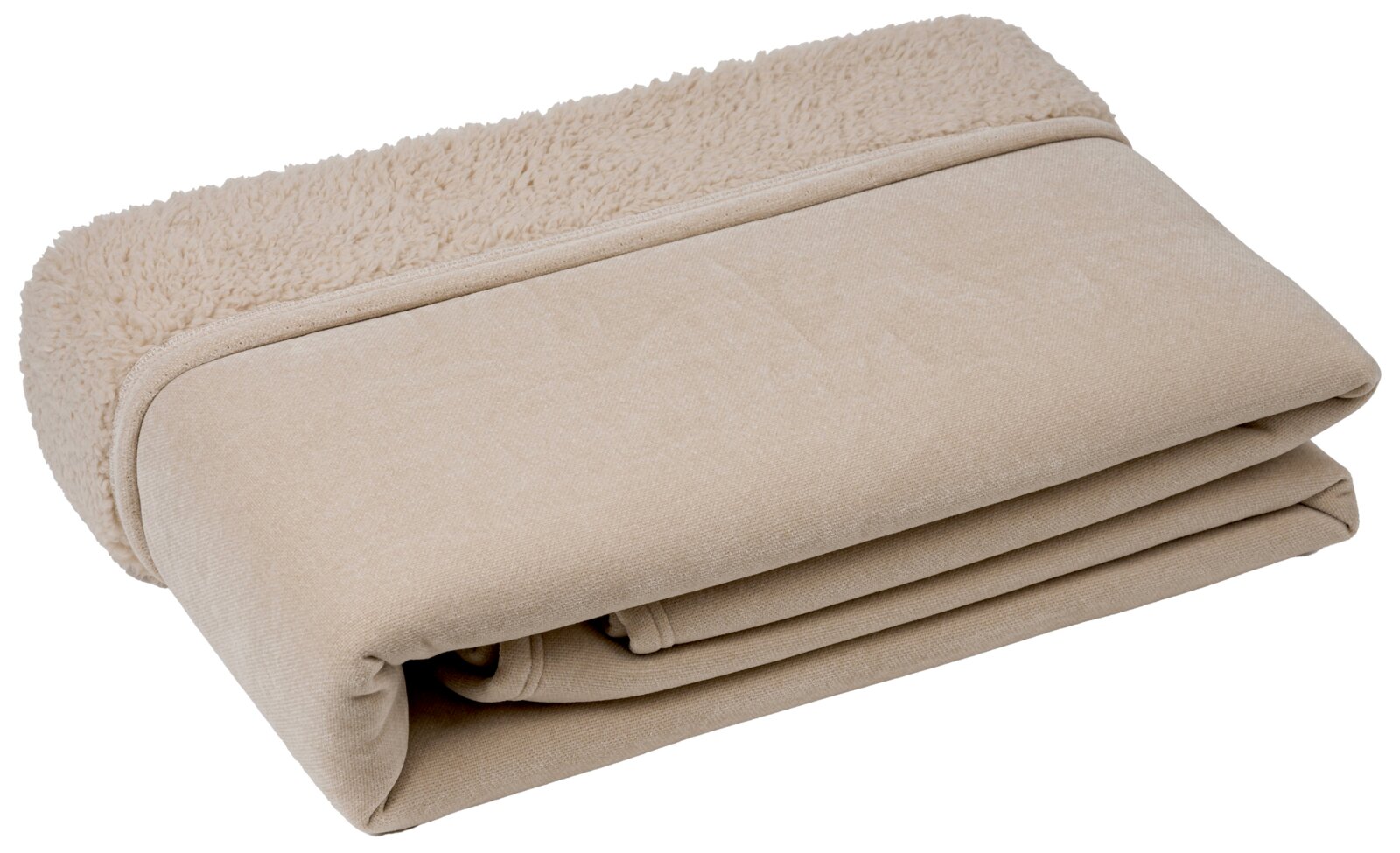 Beige, geplooide chenille-woondeken met zachte binnenkant, zijaanzicht