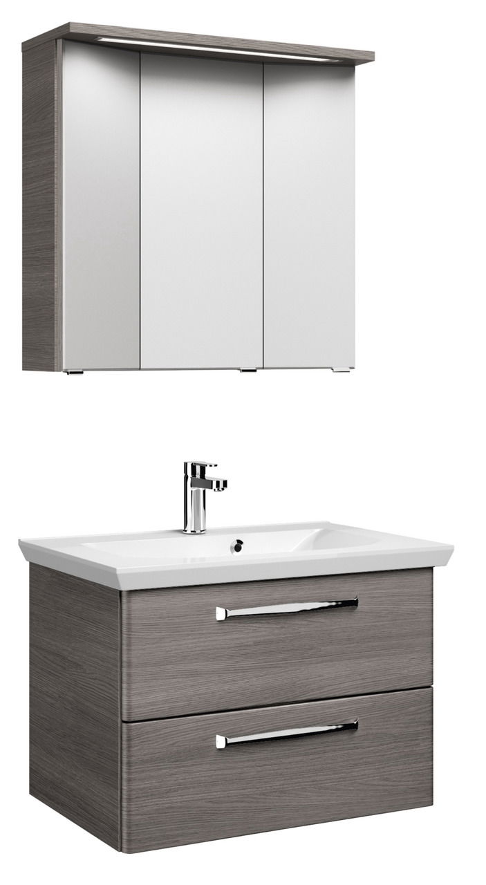 Moderner Badblock mit Spiegelschrank und Waschbeckenunterschrank in Holzoptik, seitliche Perspektive