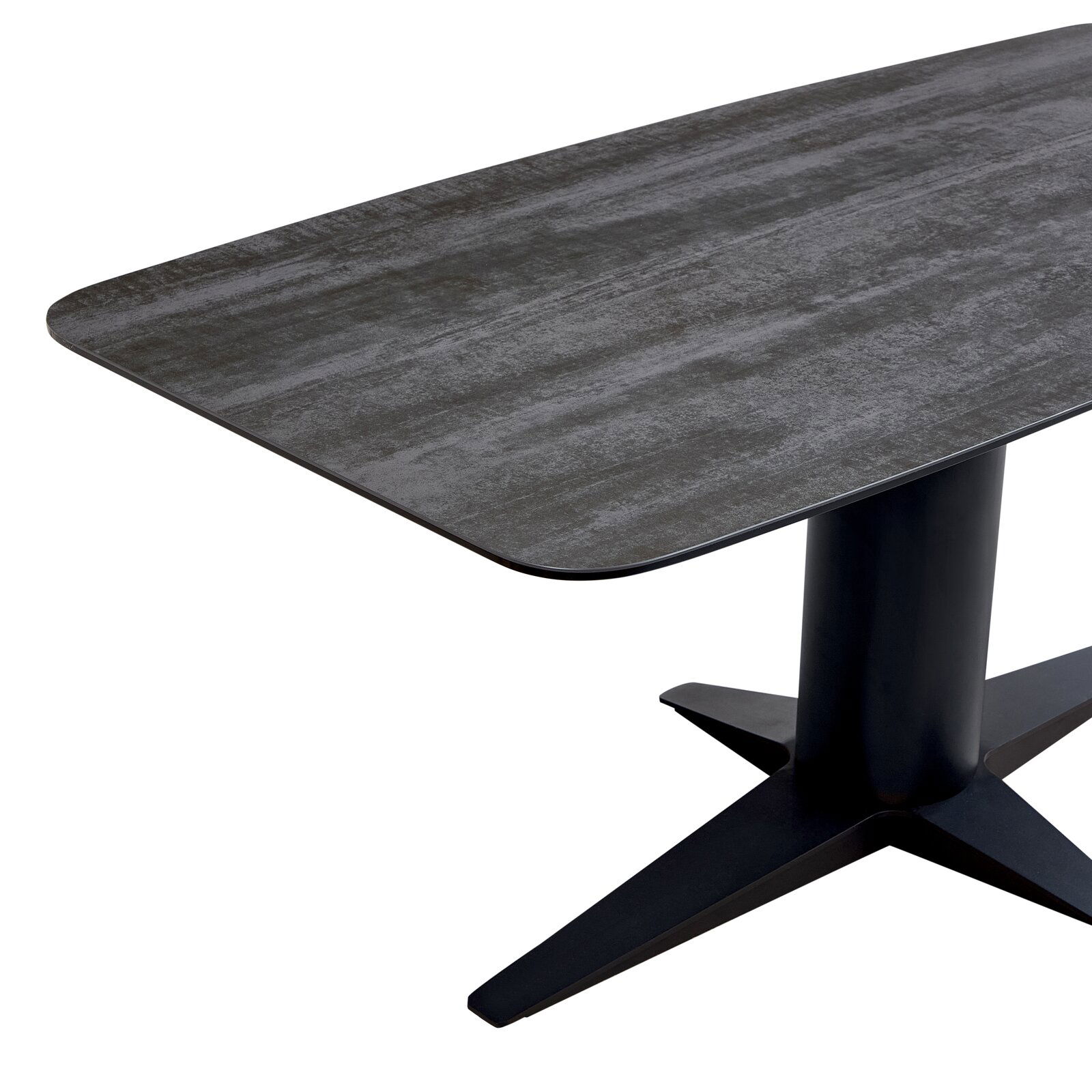 Moderner Esstisch mit rechteckiger, dunkler Tischplatte und zentralem Standfuß, seitliche Perspektive