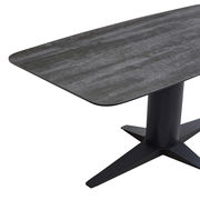 Moderner Esstisch mit rechteckiger, dunkler Tischplatte und zentralem Standfuß, seitliche Perspektive