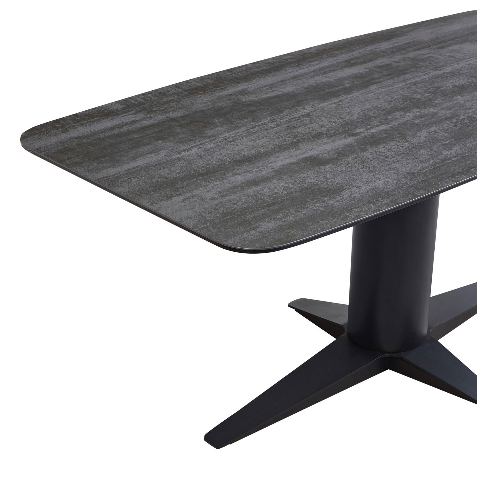 Moderner Esstisch mit rechteckiger, dunkler Tischplatte und zentralem Standfuß, seitliche Perspektive