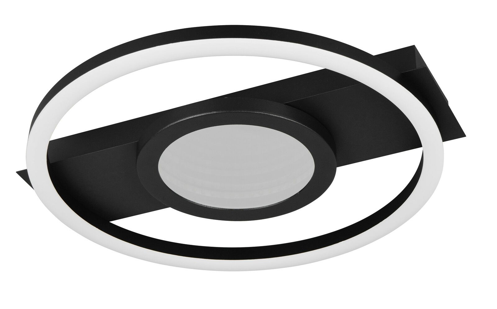 Moderne Deckenleuchte in Schwarz mit kreisförmigem Design, seitliche Perspektive
