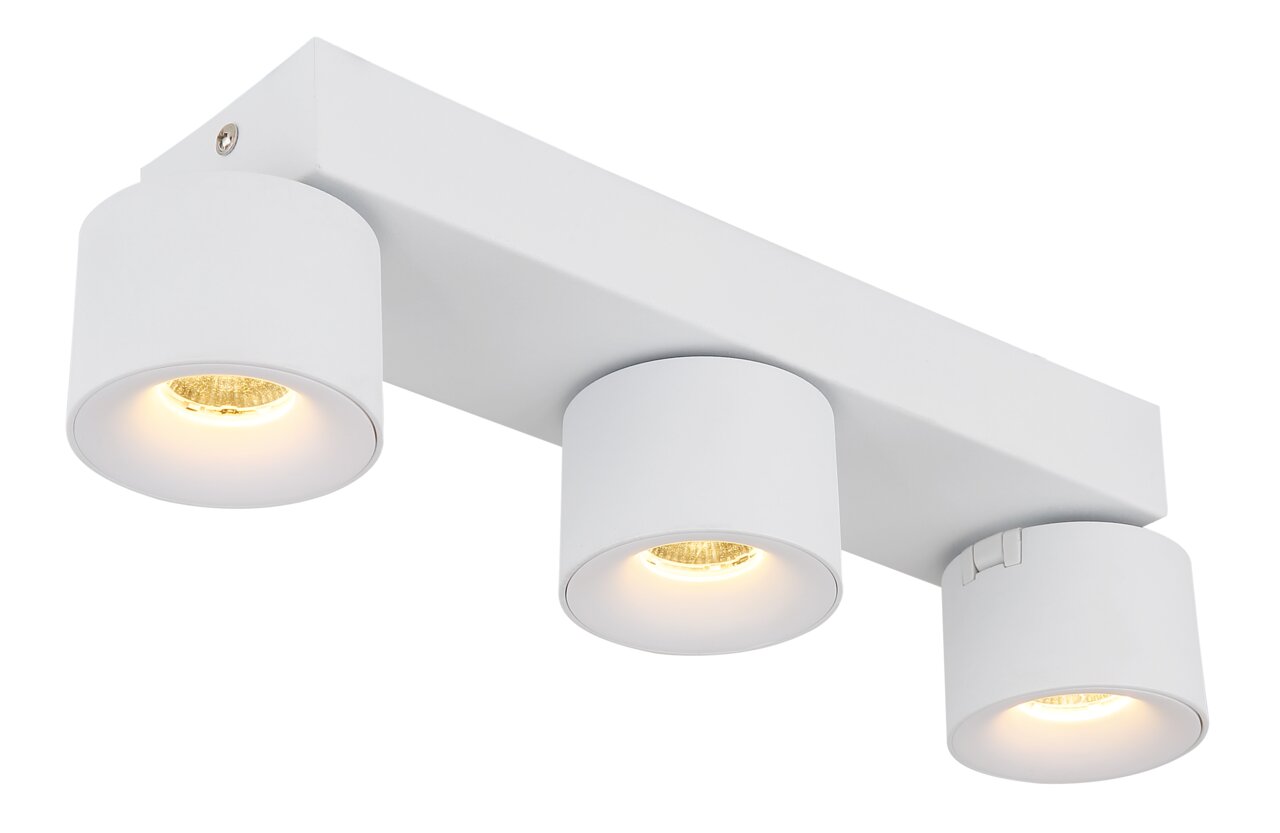 Moderner LED Strahler mit drei runden Leuchten in Weiß, seitliche Perspektive