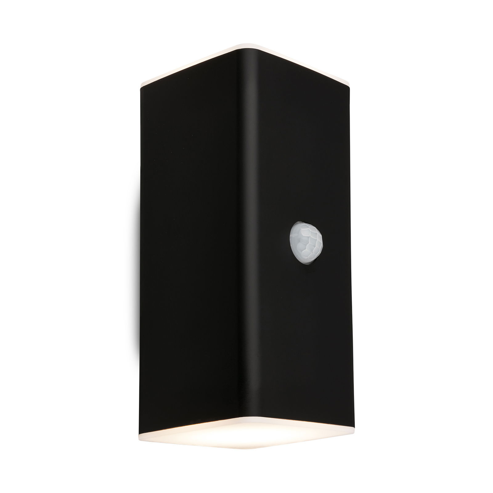 Briloner Akku-Außenwandleuchte Schwarze Akku-Außenwandleuchte mit Bewegungssensor, seitliche Perspektive