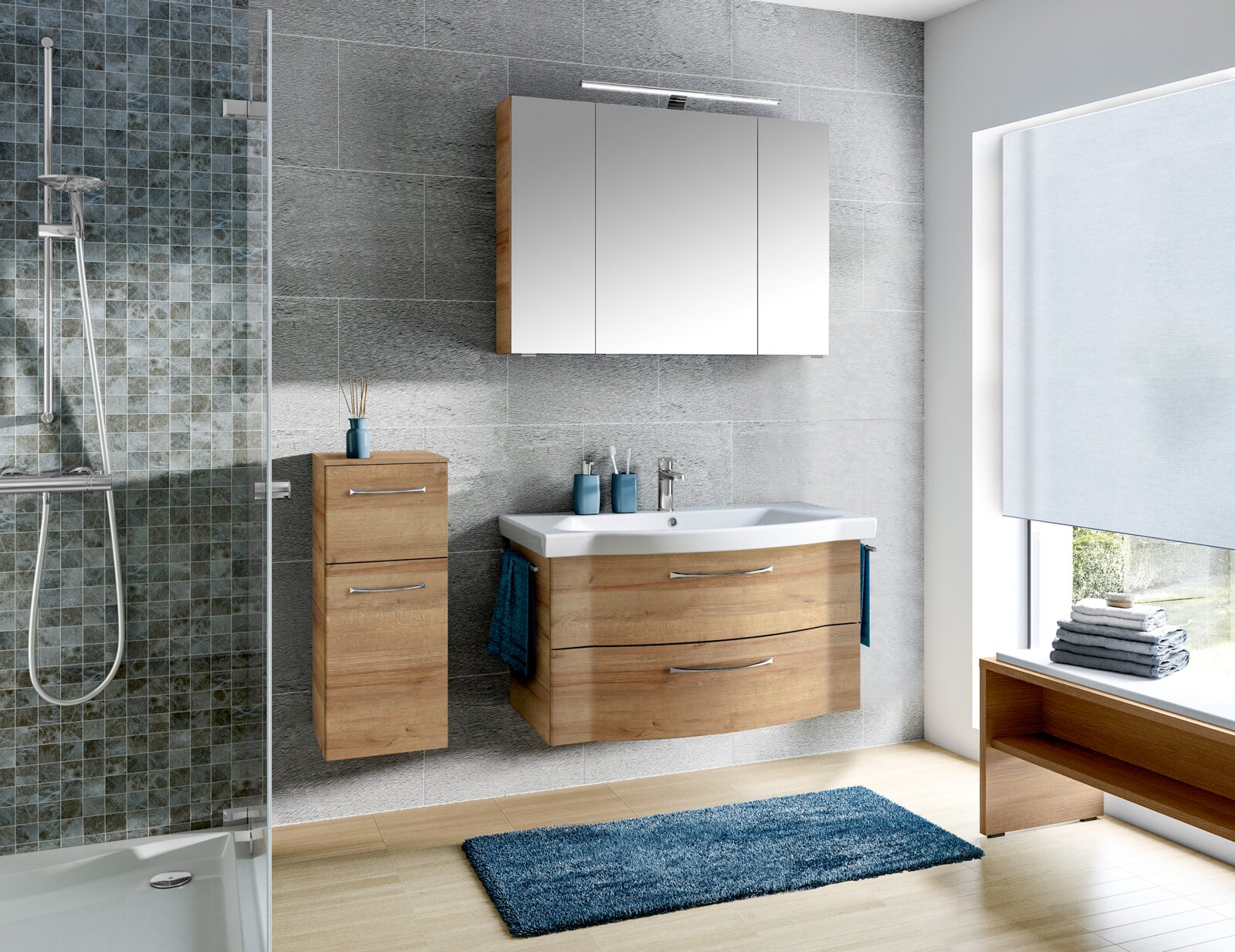 Moderne Badezimmermöbel in Holzoptik mit Waschbecken und Spiegel, seitliche Perspektive
