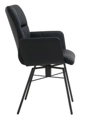 Seitliche Ansicht eines modernen Armlehnstuhls mit schwarzem Polster und Metallgestell.