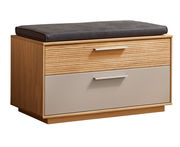 Holzbank mit zwei Schubladen und gepolstertem Sitz, seitliche Perspektive