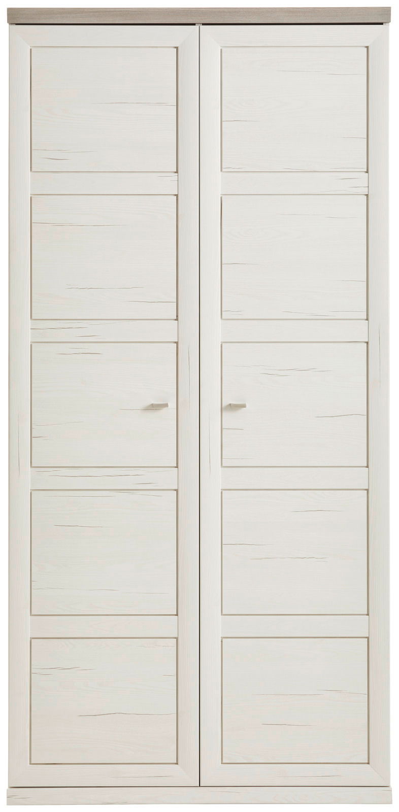 Frontansicht eines weißen Aktenschranks mit zwei Türen und Holzmaserung.