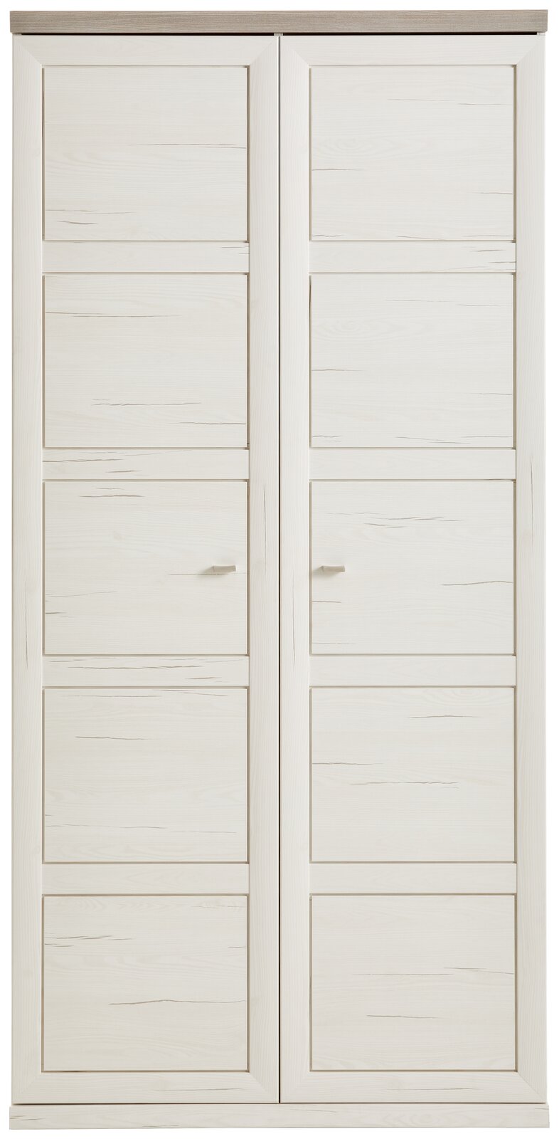 Frontansicht eines weißen Aktenschranks mit zwei Türen und Holzmaserung.