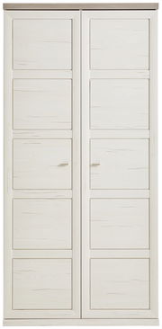 Frontansicht eines weißen Aktenschranks mit zwei Türen und Holzmaserung.