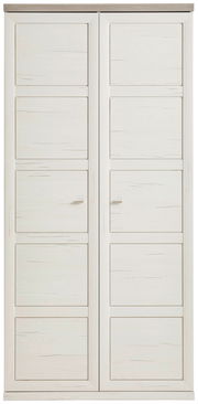 Frontansicht eines weißen Aktenschranks mit zwei Türen und Holzmaserung.