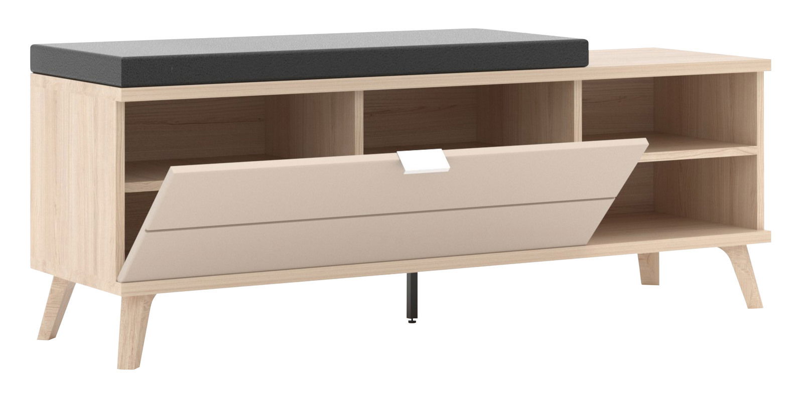 Garderobenbank aus hellem Holz mit schwarzem Sitzpolster, offenen Fächern und einer klappbaren Front, seitliche Perspektive.