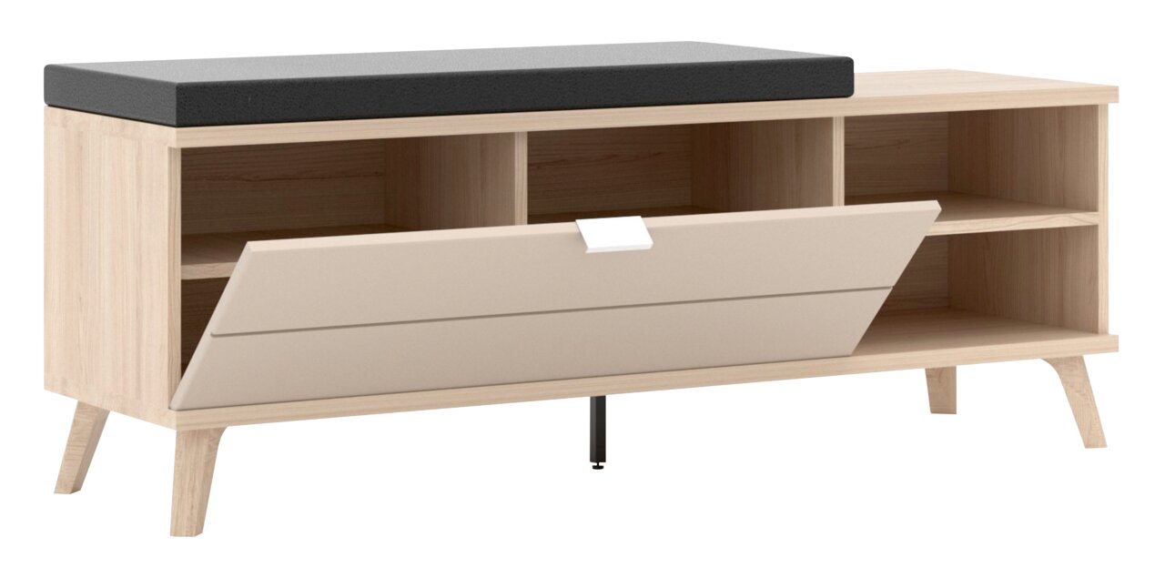 Garderobenbank aus hellem Holz mit schwarzem Sitzpolster, offenen Fächern und einer klappbaren Front, seitliche Perspektive.