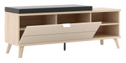 Garderobebank van licht hout met zwarte zitbekleding, open vakken en een opklapbare voorkant, gezien vanaf de zijkant.