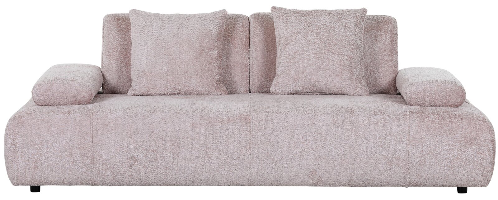 Zweiersofa in hellrosa Stoff, Frontalansicht mit zwei Rückenkissen und Armlehnen.