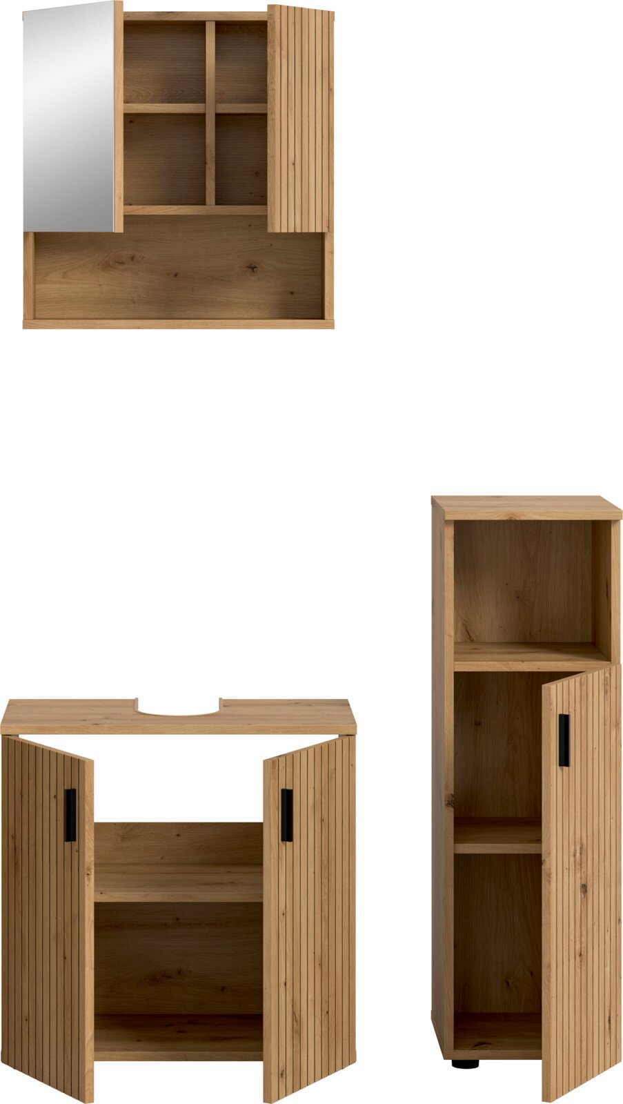 Holz-Badezimmerschrank-Set mit Waschtischunterschrank und Hängeschrank, geriffelte Türen mit schwarzen Griffen, teils geöffnet, Ansicht von vorne