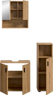 Holz-Badezimmerschrank-Set mit Waschtischunterschrank und Hängeschrank, geriffelte Türen mit schwarzen Griffen, teils geöffnet, Ansicht von vorne