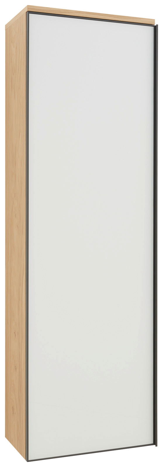 Moderner Hängegarderobenschrank ATINA von Dieter Knoll in Holzoptik mit weißer Front, seitliche Perspektive.