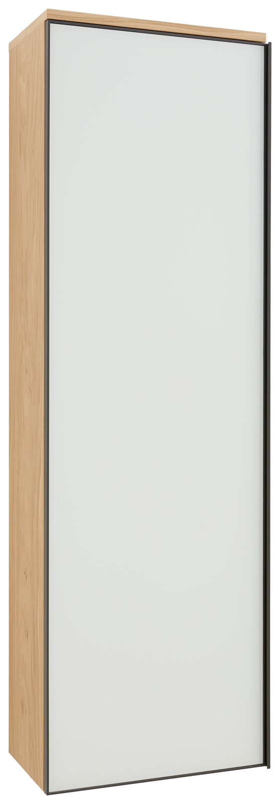 Dieter Knoll Hängegarderobenschrank li. ATINA Moderner Hängegarderobenschrank ATINA von Dieter Knoll in Holzoptik mit weißer Front, seitliche Perspektive.
