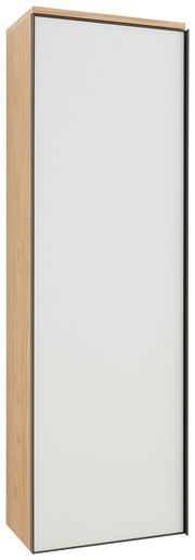 Moderner Hängegarderobenschrank ATINA von Dieter Knoll in Holzoptik mit weißer Front, seitliche Perspektive.