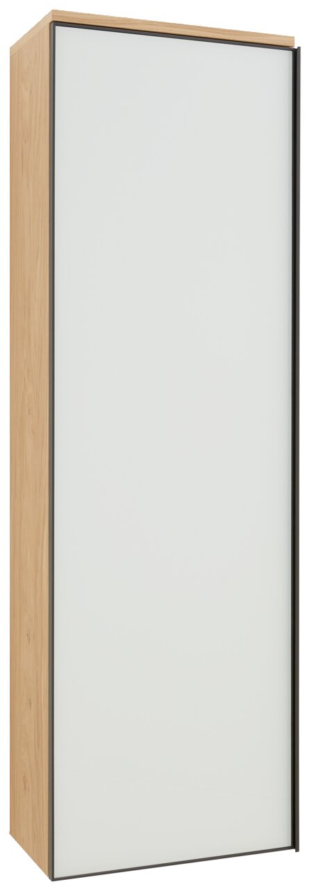 Dieter Knoll Hangkast links. ATINA Moderne hangkast ATINA van Dieter Knoll in houtlook met wit front, zijaanzicht.