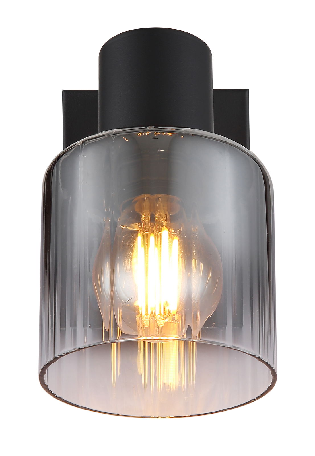 Deckenstrahler mit schwarzem Sockel und transparentem Glaszylinder, seitliche Perspektive