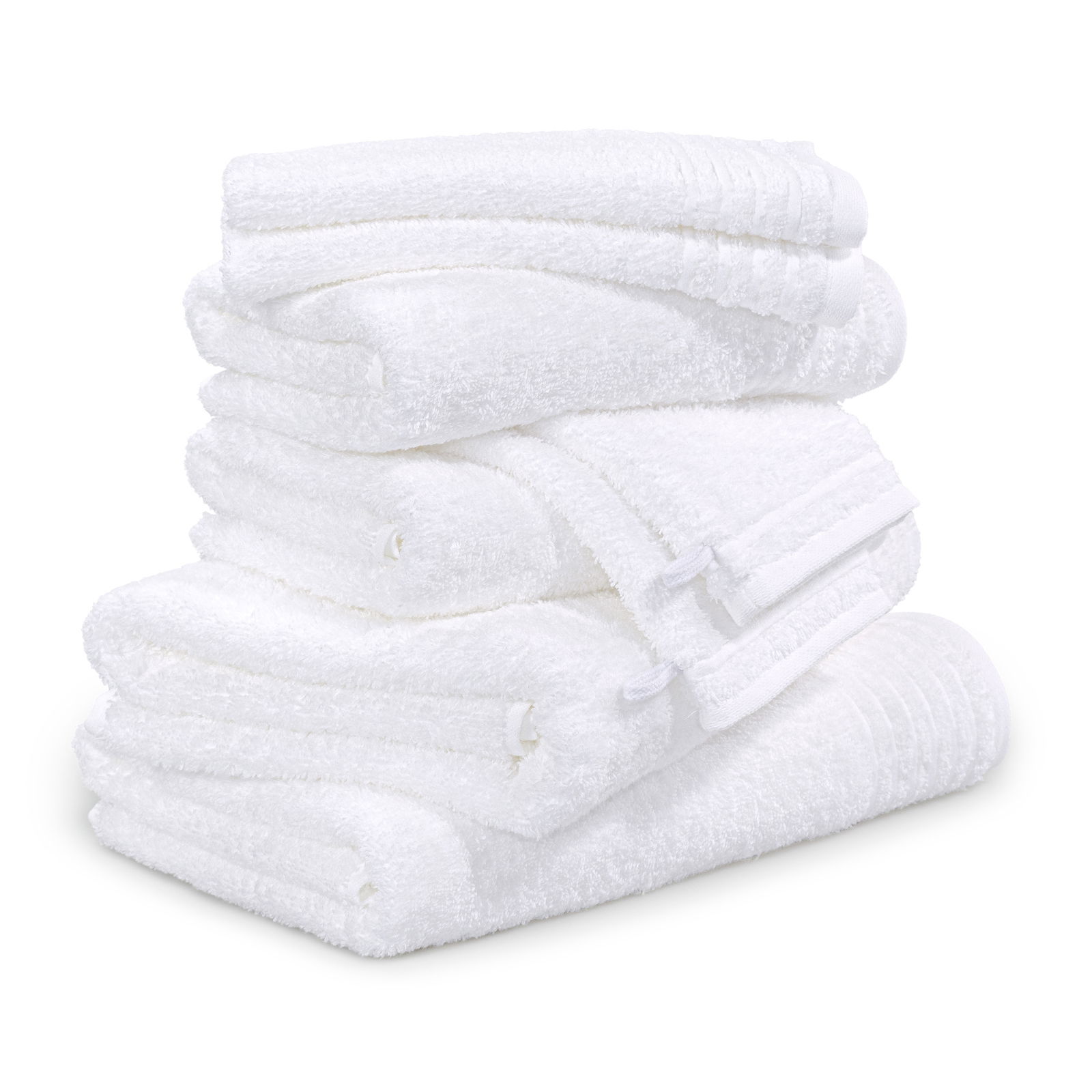 Stapel von weißen Handtüchern, seitliche Perspektive