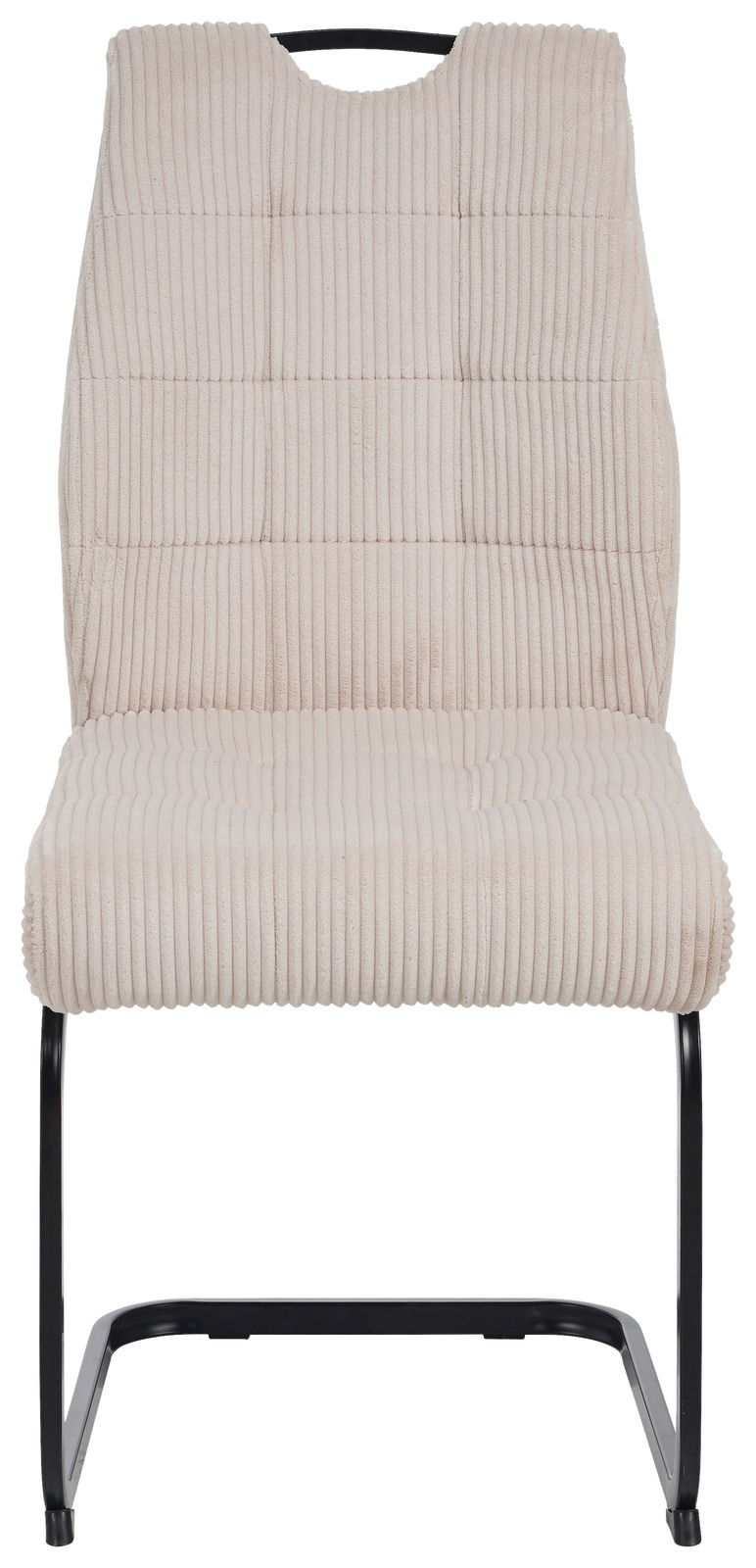 Vorderansicht eines modernen Schwingstuhls mit beigem, geripptem Stoffbezug und schwarzem Metallgestell.