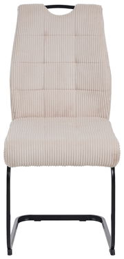 Vorderansicht eines modernen Schwingstuhls mit beigem, geripptem Stoffbezug und schwarzem Metallgestell.