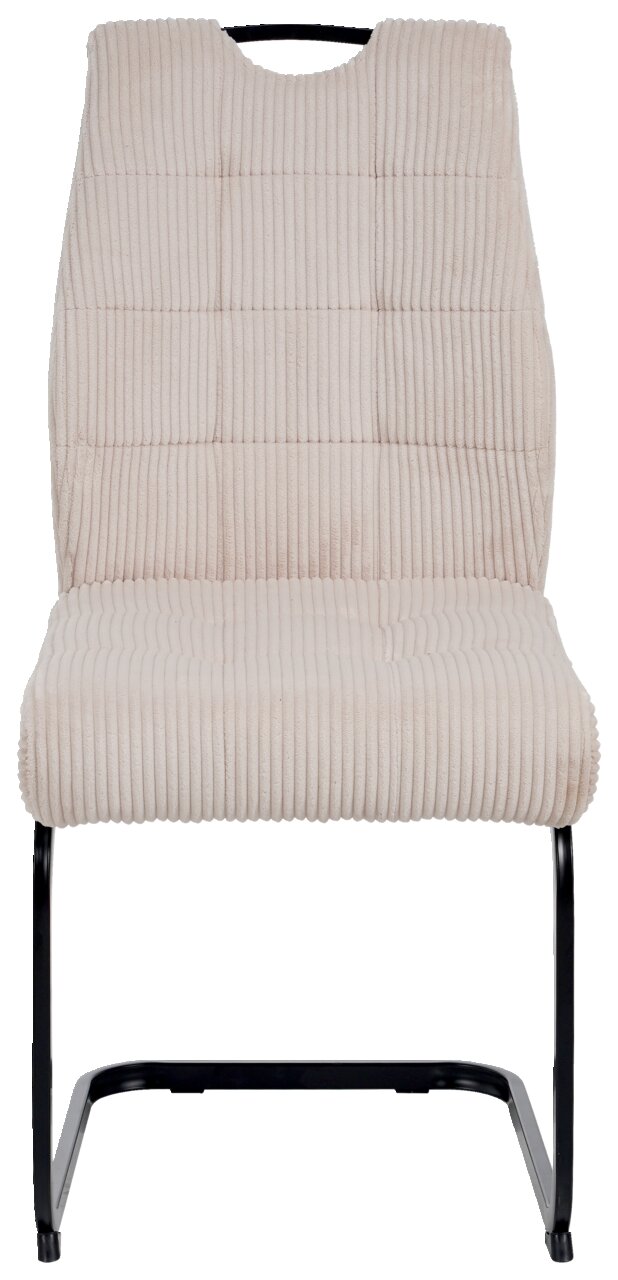 Vorderansicht eines modernen Schwingstuhls mit beigem, geripptem Stoffbezug und schwarzem Metallgestell.