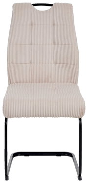 Vorderansicht eines modernen Schwingstuhls mit beigem, geripptem Stoffbezug und schwarzem Metallgestell.