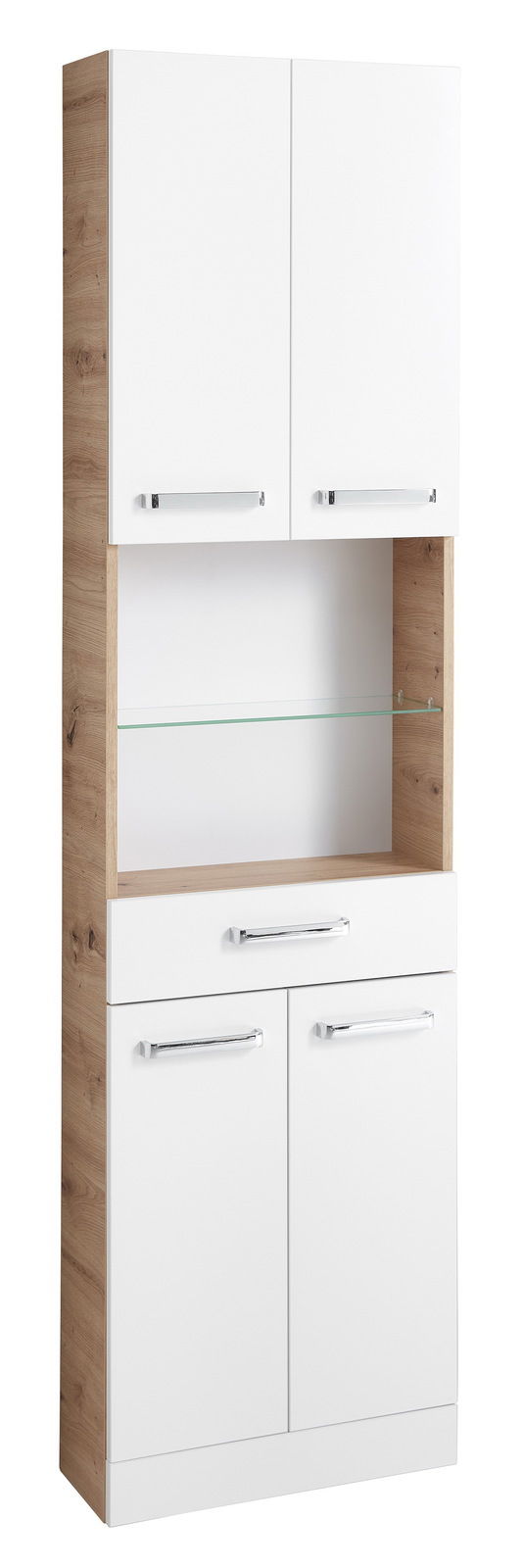 Hochschrank in weiß mit Holzseiten, zwei obere und zwei untere Türen, ein offenes Fach mit Glasboden, Frontansicht.