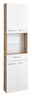 XORA Hochschrank XO1200 Hochschrank in weiß mit Holzseiten, zwei obere und zwei untere Türen, ein offenes Fach mit Glasboden, Frontansicht.